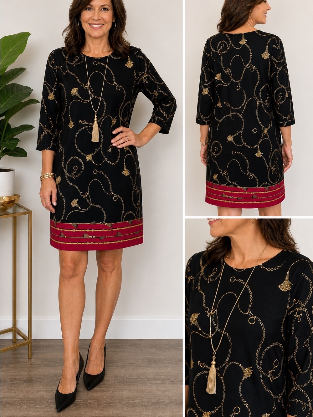 Chico’s Black Gold Chain Print Shift Dress NWT Red Hem 3/4 Sleeve Size Small